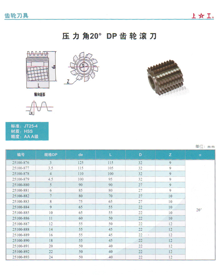 壓力角DP齒輪滾刀